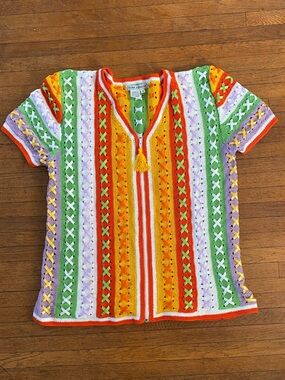 Hand Knit 100% Cotton Colorful Short Sleeve Sweater with Ribbon